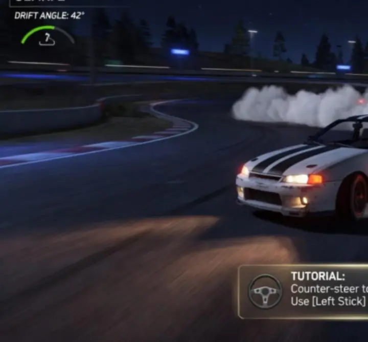 Beginner drift tutorial view in CarX Drift Racing 2 with a car practicing a controlled slide