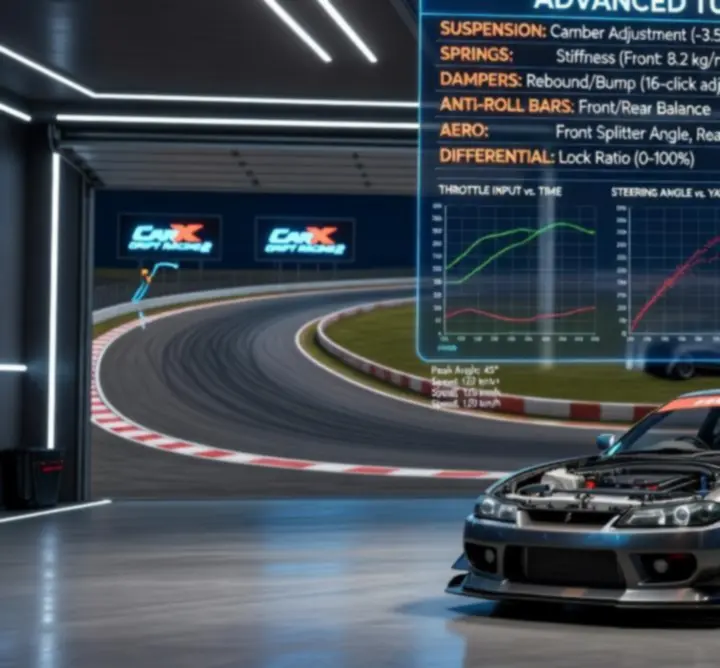 Advanced tuning setup screen in CarX Drift Racing 2 with detailed sliders for competitive drifting