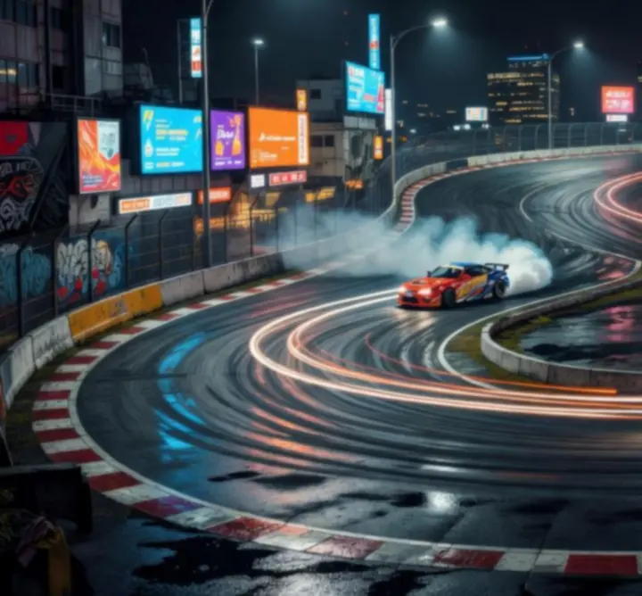 Night city drift track with glowing lights in CarX Drift Racing 2