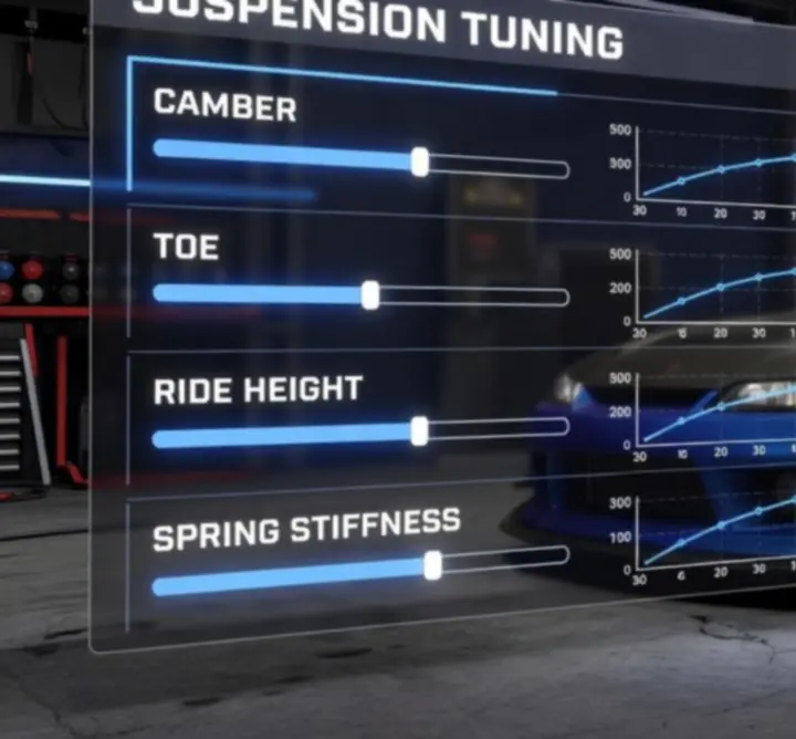 Suspension tuning interface in CarX Drift Racing 2 showing camber, toe, ride height and spring settings