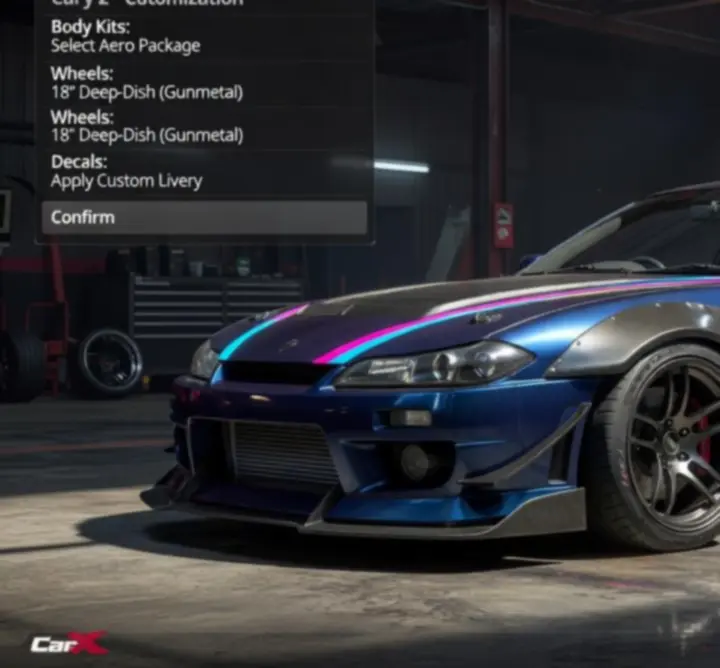 CarX Drift Racing 2 visual customization menu showing body kits, paint, and vinyl options